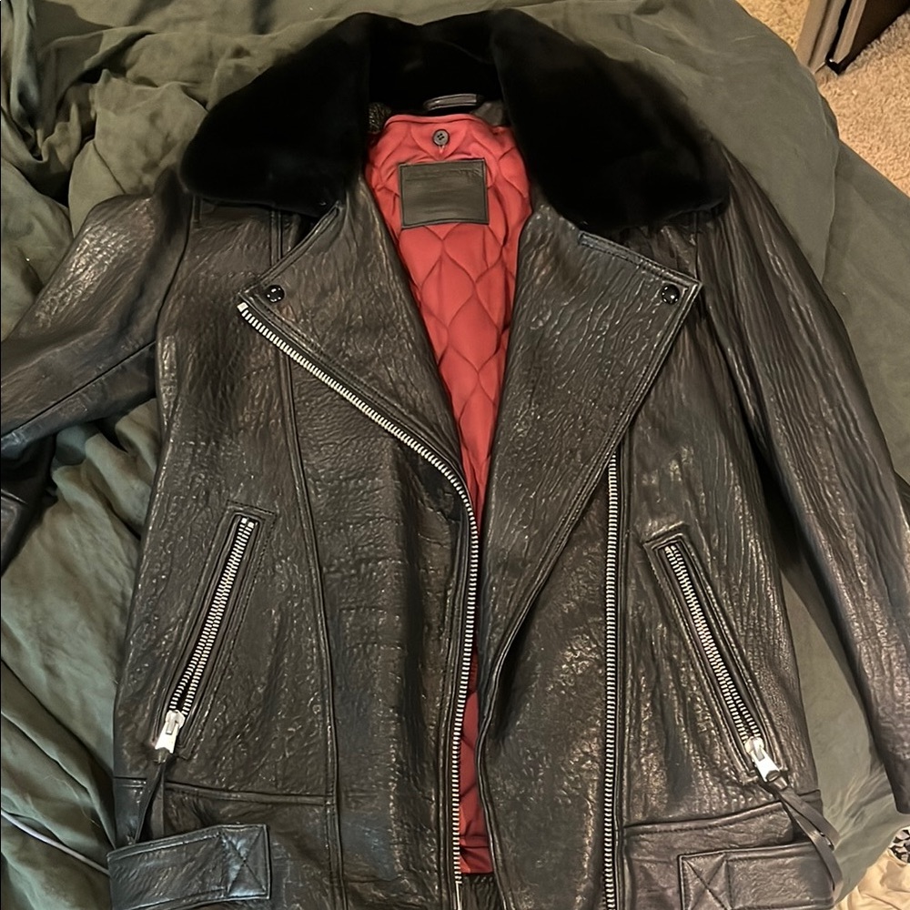 All Saints Black Leather Jacket with Red Lining